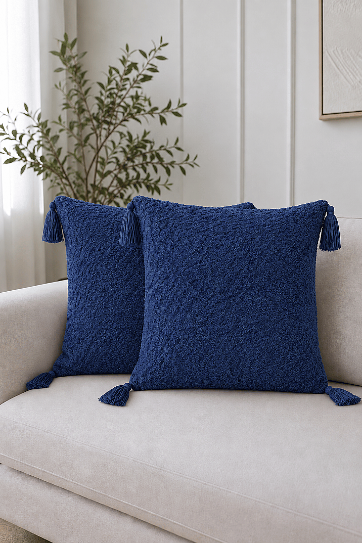 2'li Döşemelik Kumaş Kırlent Kılıfı 4 Köşe Püsküllü Fermuarlı 43x43 cm - 1