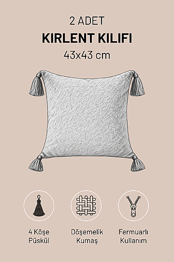 2'li Döşemelik Kumaş Kırlent Kılıfı 4 Köşe Püsküllü Fermuarlı 43x43 cm - 3