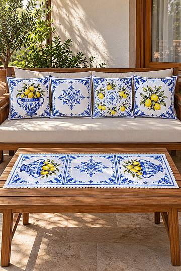 Kırlent Kılıfı ve Runner Seti 5 Parça Dekoratif Dijital Baskılı Set