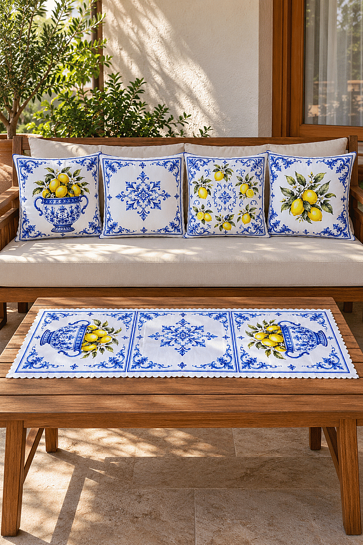 Kırlent Kılıfı ve Runner Seti 5 Parça Dekoratif Dijital Baskılı Set - 1