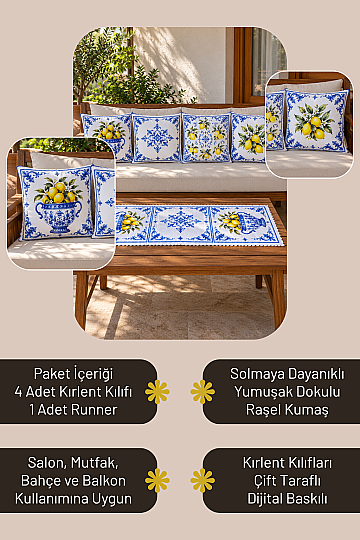 Kırlent Kılıfı ve Runner Seti 5 Parça Dekoratif Dijital Baskılı Set - 5