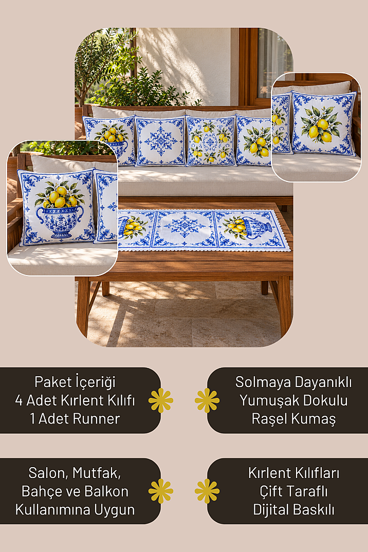 Kırlent Kılıfı ve Runner Seti 5 Parça Dekoratif Dijital Baskılı Set - 5