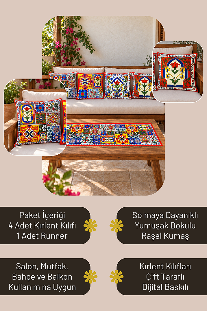 Kırlent Kılıfı ve Runner Seti 5 Parça Dekoratif Dijital Baskılı Set - 5