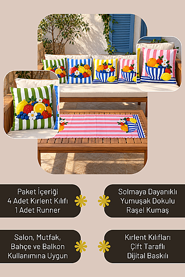 Kırlent Kılıfı ve Runner Seti 5 Parça Dekoratif Dijital Baskılı Set - 5