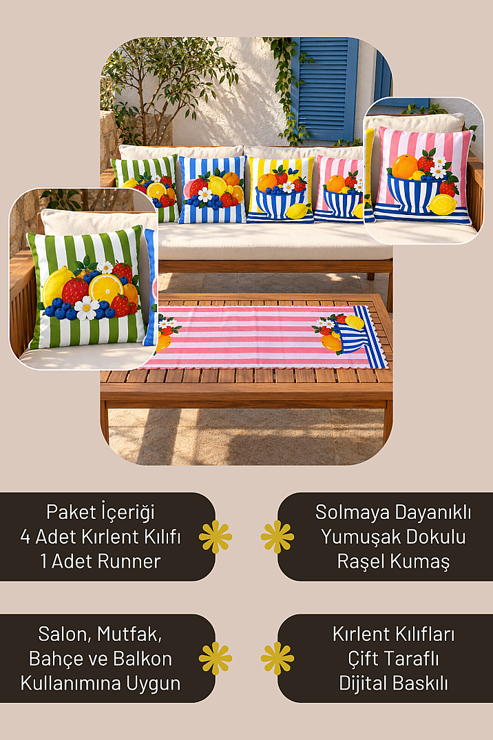 Kırlent Kılıfı ve Runner Seti 5 Parça Dekoratif Dijital Baskılı Set - 5