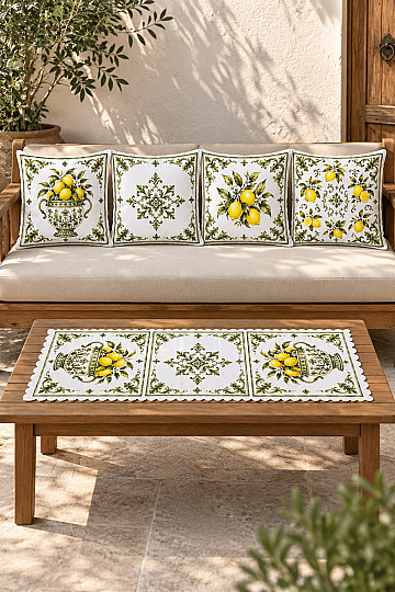 Kırlent Kılıfı ve Runner Seti 5 Parça Dekoratif Dijital Baskılı Set
