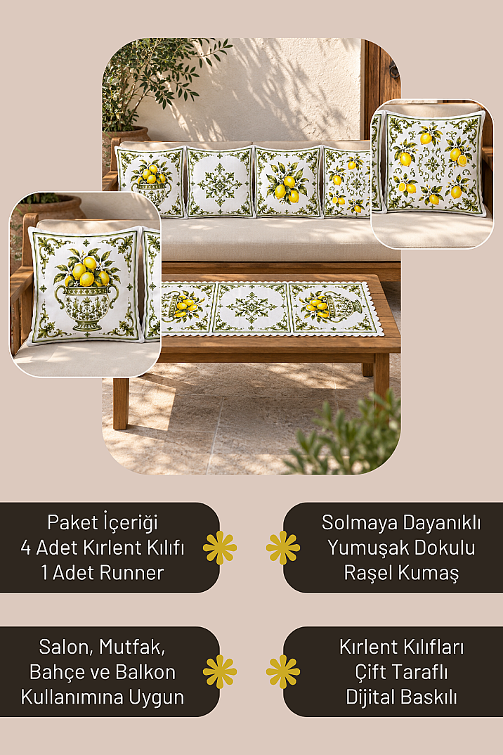 Kırlent Kılıfı ve Runner Seti 5 Parça Dekoratif Dijital Baskılı Set - 5